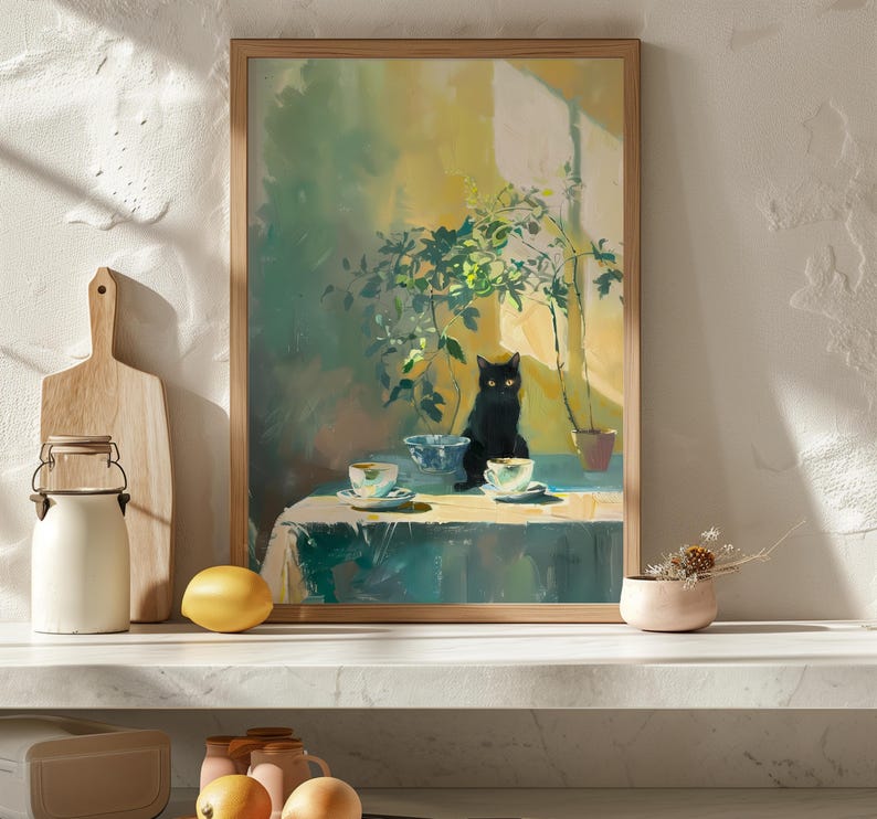 Retro Black Cat & Coffee Print, Vintage Tea Cups Illustration Poster, Kitchen Decor, Dining Room Wall Art, Still Life Painting, Cat Mom Gift image 3