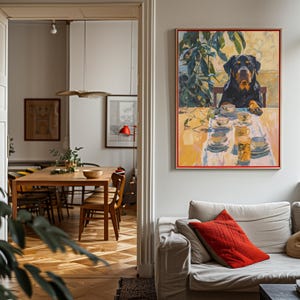 Retro Rottweiler Art Print, Dog & Coffee Illustration Poster, Dining Room Teacups Artwork,Still Life Painting,Vintage Kitchen Decor,Mom Gift image 4