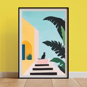 Black Cat Art Print, Mediterranean Wall Decor, Greek Island Travel Poster, Japandi Minimalist Steps Architecture, Tropical Palm Springs Art