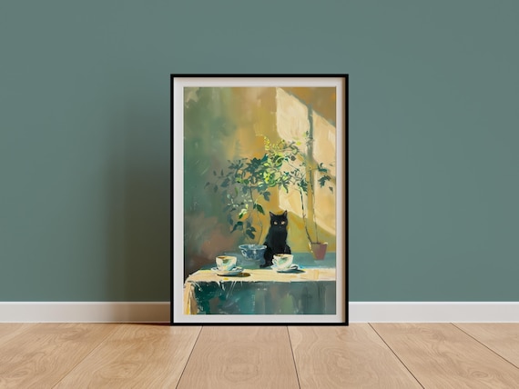 Retro Black Cat & Coffee Print, Vintage Tea Cups Illustration Poster, Kitchen Decor, Dining Room Wall Art, Still Life Painting, Cat Mom Gift