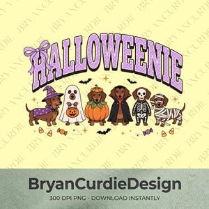 Puede incluir: Un diseño gráfico con el texto HALLOWEENIE en letras moradas de lunares y un lazo morado. Debajo hay seis perros salchicha con disfraces de Halloween: bruja, fantasma, calabaza, vampiro, esqueleto y momia, junto a dulces y murciélagos.