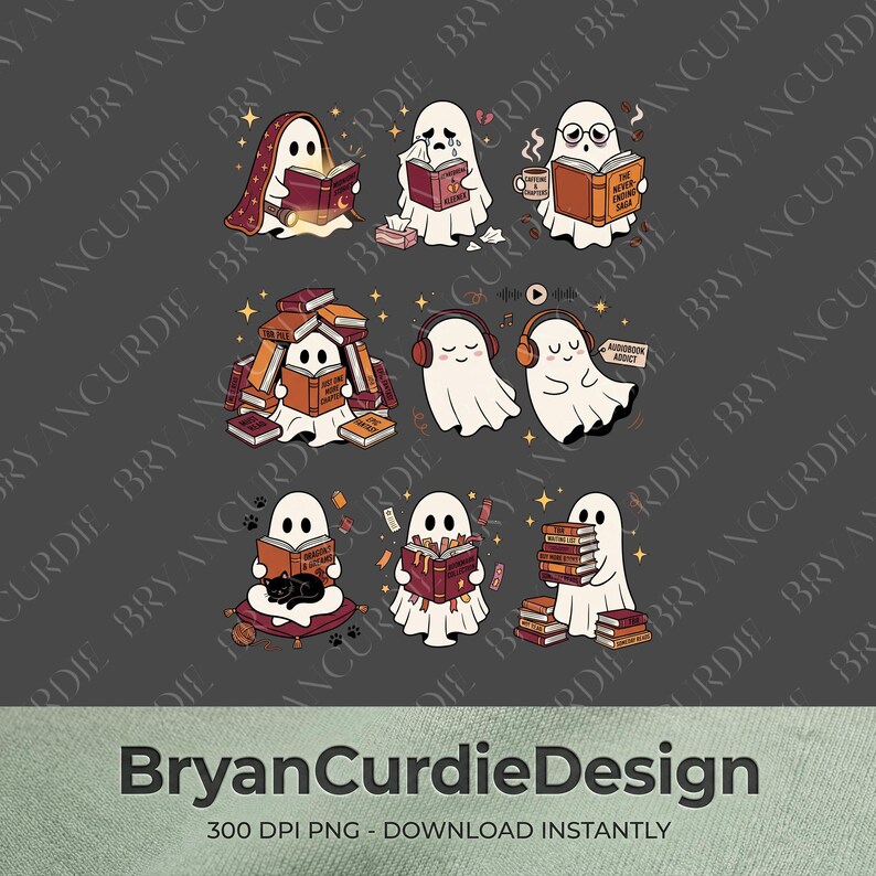 May include: A digital illustration featuring eight white ghosts engaged in reading activities. The ghosts are depicted with books, headphones, a black cat, and coffee mugs, surrounded by small stars and text elements on a dark gray background.
