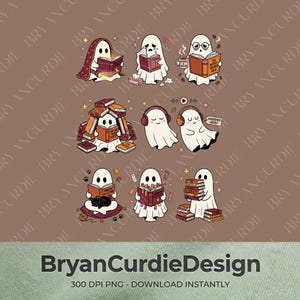 May include: A digital illustration featuring eight white ghost characters engaged in reading and listening to audiobooks. The ghosts are depicted with books, headphones, a black cat, and coffee mugs, set against a solid brown background with text.