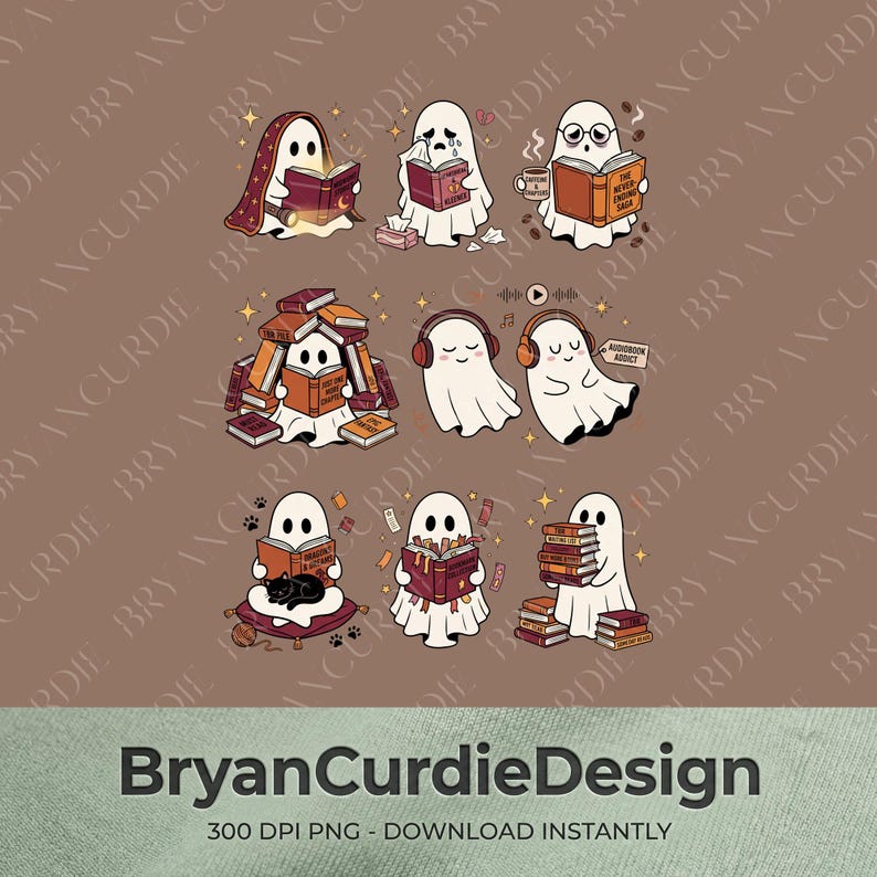 May include: A digital illustration featuring eight white ghost characters engaged in reading and listening to audiobooks. The ghosts are depicted with books, headphones, a black cat, and coffee mugs, set against a solid brown background with text.