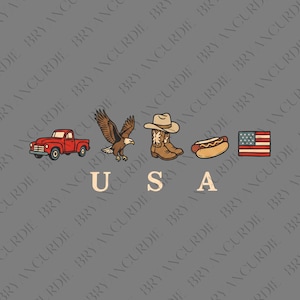 Op de afbeelding: Grafische illustratie met een rode pick-up truck, een adelaar, cowboylaarzen en -hoed, een hotdog en een Amerikaanse vlag. Het woord "USA" is in afzonderlijke letters onder de afbeeldingen geschreven, tegen een grijze achtergrond.