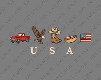 Retro USA Symbols PNG, Western Americana Sublimation Design, Vintage Eagle Cowboy Boots Truck Digital Download, Patriotic 4th of July Art