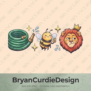 May include: A digital illustration featuring a coiled green garden hose with a brass nozzle, a smiling bee with translucent wings making a peace sign, and a lion head wearing a small gold crown, accented by four-pointed yellow stars.