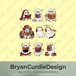 May include: A collection of cartoon ghost illustrations featuring various reading activities. Ghosts are shown reading books, wearing headphones, crying over a book, and holding stacks of books. Some ghosts have accessories like glasses, blankets, and a black cat.