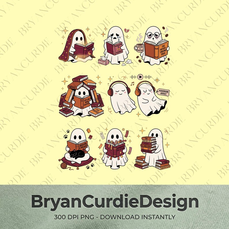 May include: A collection of cartoon ghost illustrations featuring various reading activities. Ghosts are shown reading books, wearing headphones, crying over a book, and holding stacks of books. Some ghosts have accessories like glasses, blankets, and a black cat.