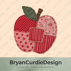 Patchwork-Apfel (PNG), Sublimationsdesign mit Stickmuster-Imitation, Quilt-Applikationsstich-Clipart, Obst-Geschenk für Lehrer zum Schulanfang (Download)