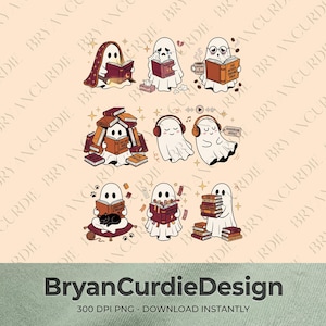 May include: A digital illustration featuring eight white ghost characters engaged in reading and listening activities. The ghosts are depicted with books, headphones, a black cat, and coffee mugs, accented by small stars and text elements.