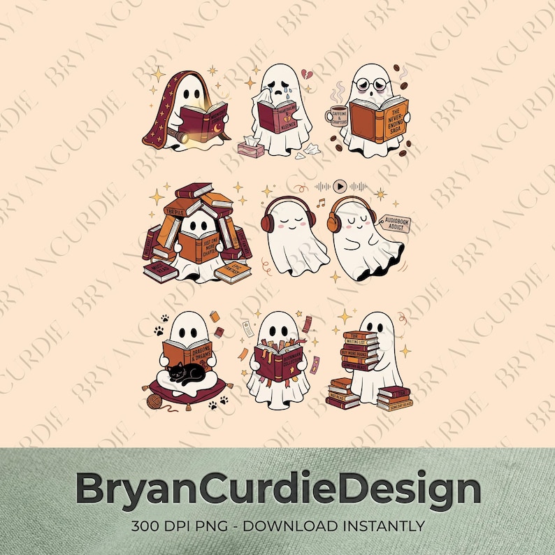 May include: A digital illustration featuring eight white ghost characters engaged in reading and listening activities. The ghosts are depicted with books, headphones, a black cat, and coffee mugs, accented by small stars and text elements.
