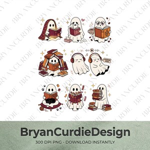 May include: A collection of cartoon ghost illustrations featuring various reading and book-themed activities. The ghosts are shown reading books, wearing headphones, holding mugs, and interacting with stacks of books, with some text labels included.
