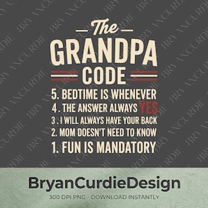 Könnte beinhalten: Ein dunkelgraues Grafikdesign mit dem Text The Grandpa Code in Creme und Rot. Die Liste enthält: 5. Bedtime is whenever, 4. The answer always YES, 3. I will always have your back, 2. Mom doesn't need to know, 1. Fun is mandatory.
