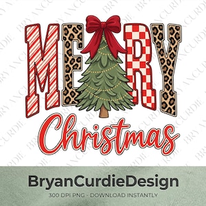 May include: A graphic design featuring the text MERRY CHRISTMAS. The letter M has red and white candy cane stripes, the E has a brown leopard print, the R has a red and white checkerboard pattern, and the Y has a brown leopard print.