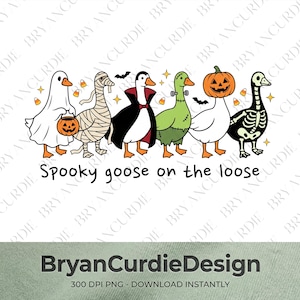 May include: A graphic illustration featuring six geese dressed in Halloween costumes including a ghost, mummy, vampire, Frankenstein monster, pumpkin head, and skeleton, with the text Spooky goose on the loose and scattered candy corn.
