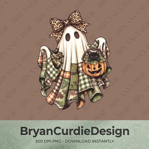 Camo Patchwork Ghost PNG, Vintage Country Halloween Sublimation Design, Black Cat Pumpkin Leopard Bow Plaid Clipart, Digital Download