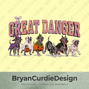 Puede incluir: Una ilustración gráfica con el texto GREAT DANGER en letras a cuadros naranjas y moradas sobre seis cachorros dálmatas con disfraces de Halloween, incluyendo una bruja, un fantasma, una calabaza, un esqueleto, un vampiro y una momia.