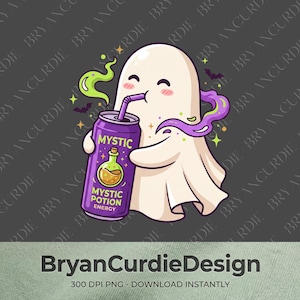 May include: A cartoon illustration of a white ghost with pink cheeks drinking from a purple can labeled MYSTIC MYSTIC POTION ENERGY with a straw. The ghost is surrounded by swirling green and purple smoke, small yellow stars, and tiny bats.