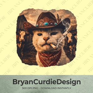 Vintage Cowboy Cat PNG, rökande cigarett Western Country Sublimation, rustik Barnyard Outlaw T-shirt grafik, Badass Clipart digital fil