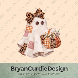 May include: A cream-colored felt ghost ornament featuring a leopard print bow, brown button eyes, and stitched patches in orange gingham, pink, and leopard print. It holds a pumpkin with daisies and a small cup labeled COLD BREW.