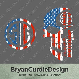May include: A digital graphic design featuring a circular logo with the letters SIG and a skull silhouette, both filled with a distressed American flag pattern of red, white, and blue. The text NEVER SETTLE is visible on the skull design.