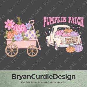May include: A digital illustration featuring a pink wagon filled with patterned pumpkins and flowers, alongside a cream-colored pickup truck carrying pumpkins with the text PUMPKIN PATCH and a sign that reads Locally Grown by BryanCurdieDesign.
