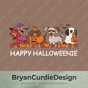 Puede incluir: Una ilustración digital con cuatro perros salchicha en disfraces de Halloween: bruja, calabaza, momia y fantasma. Los perros están rodeados de hojas de otoño y dulces. El texto dice HAPPY HALLOWEENIE y BryanCurdieDesign.