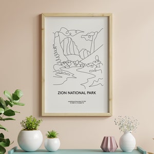 Art mural imprimable du parc national de Zion, dessin au trait, impressions d'art mural de Zion, décoration murale de Zion, parc national de Zion
