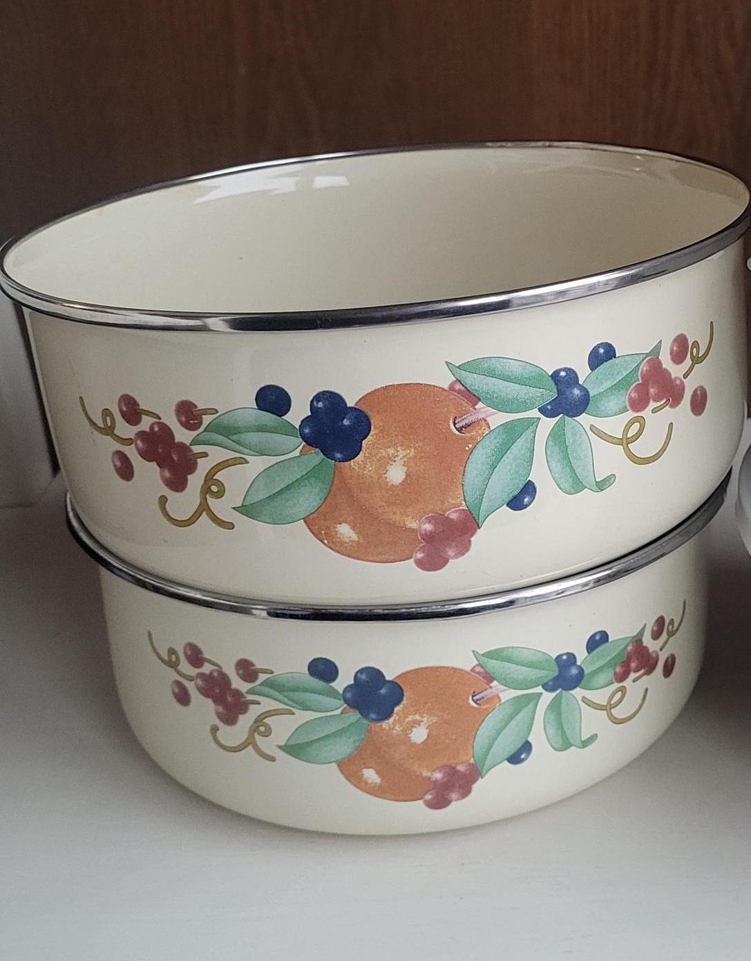 Vintage Corelle Abundance Fruit Bowls: Cream Enamelware, Large & Medium