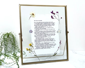 Large A5 custom poem print, hand typed typewriter font with pressed flowers on cotton paper, framed poem art