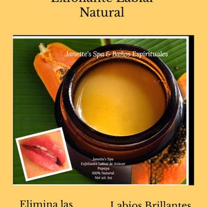 May include: A brown jar with a yellow exfoliating lip scrub made with papaya and sugar. The jar is labeled "Janette's Spa Exfoliante Labial de Azucar Papaya 100% Natural Net wt. 1oz". The text "Elimina las Celulas Muertas" and "Labios Brillantes" is at the bottom of the image.