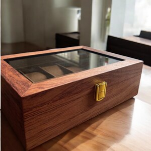 Elegante zwarte notenhouten horlogevitrine, luxe houten opberger met glazen deksel, fluweel beklede horlogedoos met 10 sleuven, perfect cadeau voor mannen
