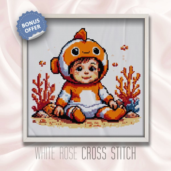 Clown Fish Baby Counted Cross Stitch PDF Pattern | Creature Cuddles Collection | Animal Baby Cross Stitch Chart | #CC36