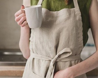 Delantal de lino para mujer, delantal de profesor de lino con bolsillos, delantal de cocina para mujer, delantal de jardín para mujer, delantal de granja, lino delantal pinafore