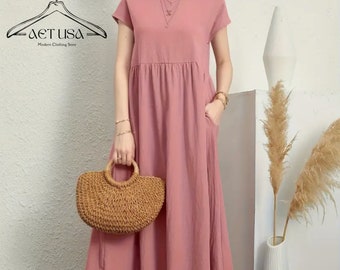 Linen Casual Midi Dress for Women - Breathable linen Blend Summer Dresses - Casual Short Sleeve Crew neck Dress - 2 Side Pockets
