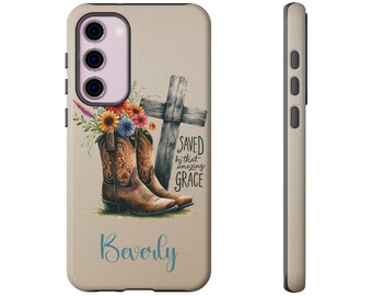 Saved By Grace Tough Phone Case, Cowboy Boots and Cross Design