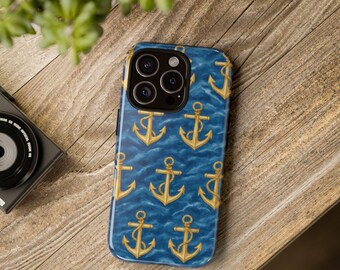 Phone Case, Nautical Anchor Design, Coastal Style for iPhone & Samsung, Tough Protective Cover, Deep Blue Ocean Theme, Anchor Pattern