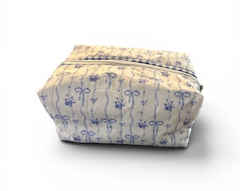 The Harper Cosmetic Case | Large Quilted Makeup Bag | Blue Bow Cosmetic Bag | Handmade Toiletry Bag | Coquette Makeup Case | Gift for Her