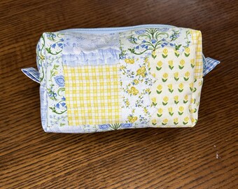 The Emely Cosmetic Bag | Spring Garden Patchwork Quilted Cosmetic Bag | Blue & Yellow Patchwork Makeup Bag | Gift for Her
