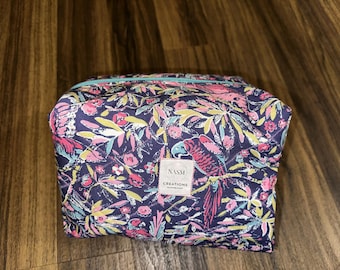 Quilted Makeup Bag, Travel Cosmetic Bag, Handmade Toiletry Bag, Boxy Makeup Organizer, Tropical Zipper Pouch, Gift for Her