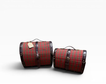 Rare Vintage Royal Stewart Nesting Red Tartan Plaid Dome Top Travel Cases