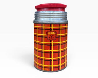 Termo metálico vintage para comida/sopa de la marca Thermos, con estampado a cuadros rojos y amarillos - 295 ml (10 oz) de boca ancha