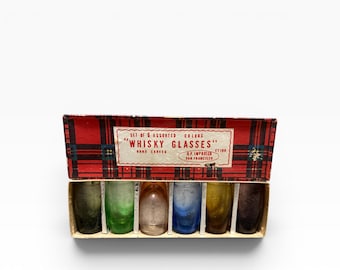 Vintage Set of 6 Hand Carved Colored Whisky Shot Glasses in Tartan Box