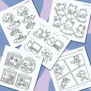 May include: A collection of black and white coloring pages featuring various themes. The pages include images of animals, scenes with trees and bunnies, and underwater scenes with fish. Text includes "Color Each Season" and "Welcome to the Ball."