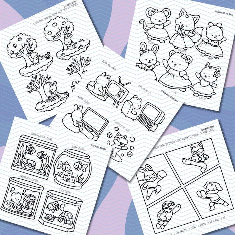 May include: A collection of black and white coloring pages featuring various themes. The pages include images of animals, scenes with trees and bunnies, and underwater scenes with fish. Text includes "Color Each Season" and "Welcome to the Ball."