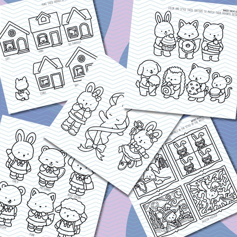May include: A collection of black and white line art illustrations featuring various cute animals and houses. The images include bunnies, bears, foxes, and other creatures, along with houses and coloring pages. The text includes "MAKE THESE HOUSES" and "COLOR AND STYLE THESE CRITTERS".