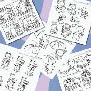 May include: Black and white line art coloring pages featuring various themes. Includes animals, scenes with shops, and cakes. The pages are designed for coloring with markers or colored pencils. The text on the pages includes "WEDLY PATTERNED" and "CHIDEL AND CHARM".