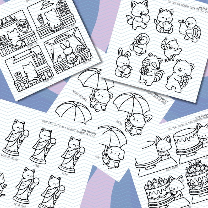 May include: Black and white line art coloring pages featuring various themes. Includes animals, scenes with shops, and cakes. The pages are designed for coloring with markers or colored pencils. The text on the pages includes "WEDLY PATTERNED" and "CHIDEL AND CHARM".