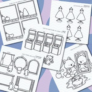 May include: Black and white line art illustrations of various themes, including shop windows with seasonal decorations, arcade machines, dresses, and a raccoon. The text includes "Halloween or Fall", "Christmas or Winter", and "Valentines".
